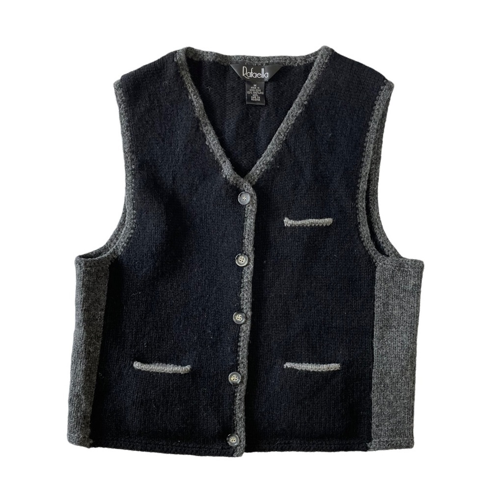 Vintage Rafaella Black Gray 100% Shetland Wool Sweater Vest Medium